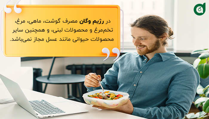 در رژیم وگان هیچگونه محصول حیوانی حتی عسل نیز مصرف نمی‌شود.